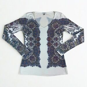 Vintage Cache Studded Paisley Top Women XS White Long Sleeve V-Neck Y2K Boho